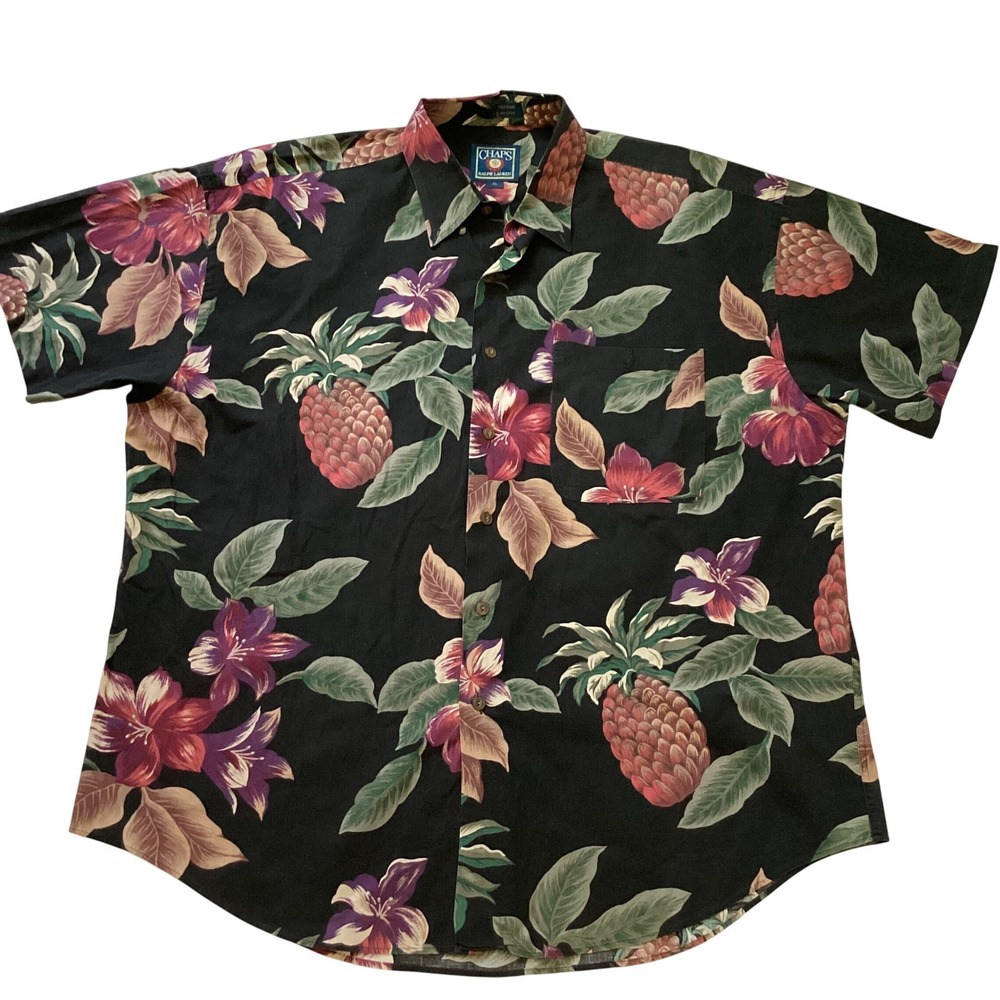Chaps Ralph Lauren Mens XL Black Tropical Pineapple Hibiscus Hawaiian Shirt